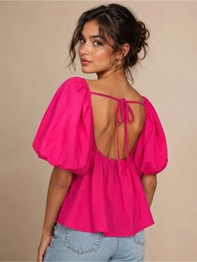 Boohoo Bright Pink Open Back Puff Volume Sleeve Ruffle Babydoll Blouse Women 10